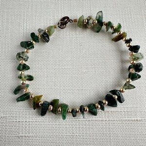Moss Agate Gemstone Bracelet 8" With Gold-Tone Beads & Spring Ring Clasp